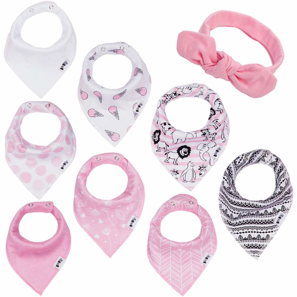 BooBooJr Baby Bandana Drool Bibs for Girls with Headband Included | 8 Infant Bibs Set for Teething, Drooling with Extra Soft Cotton to Avoid Drool Rashes